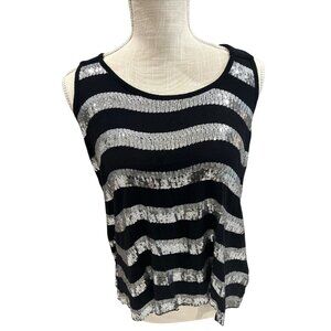 Forever21 Sequined Black & Silver Striped Tank Top M
